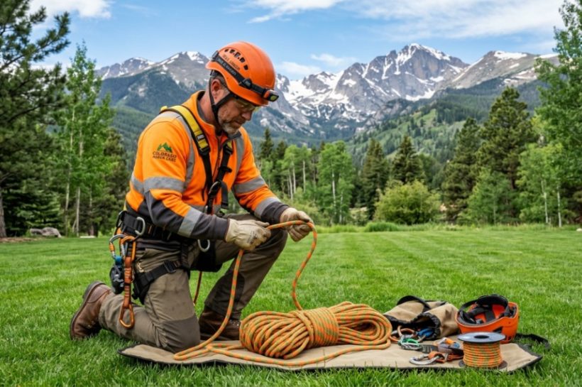 Arborist inspecting a climbing rope in front of a Colorado mountain.