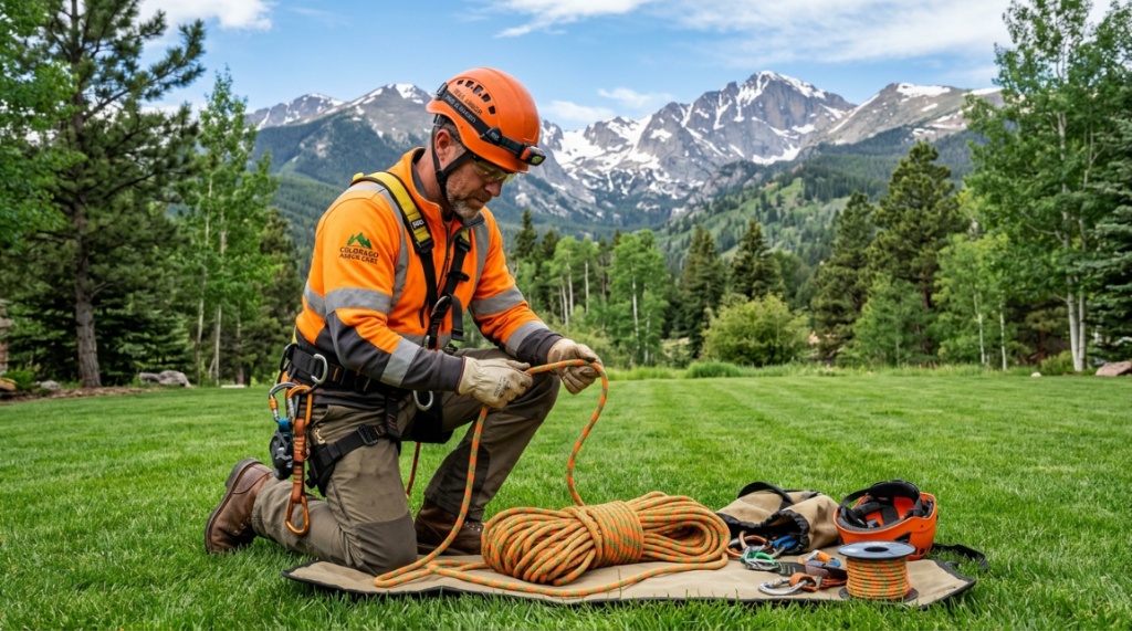 Arborist inspecting a climbing rope in front of a Colorado mountain.