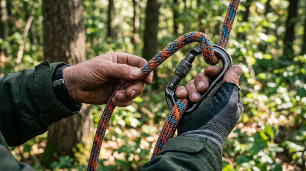Close-up of hands inspecting tree climbing rope and metal carabiners.