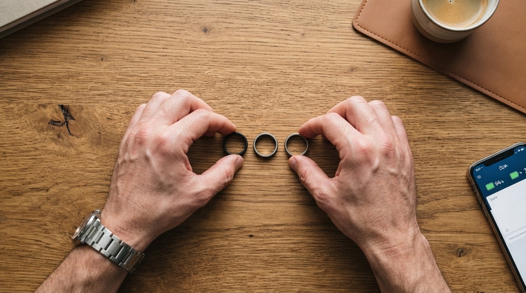 Man comparing multiple fitness tracker ring designs on wooden table.