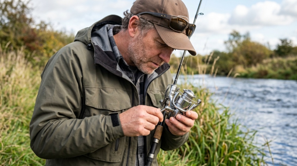 Angler closely inspecting metal components of a spinning reel outdoors.
