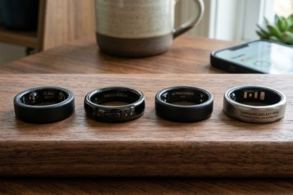 Three smart fitness rings resting on a wooden desk next to a smartphone.