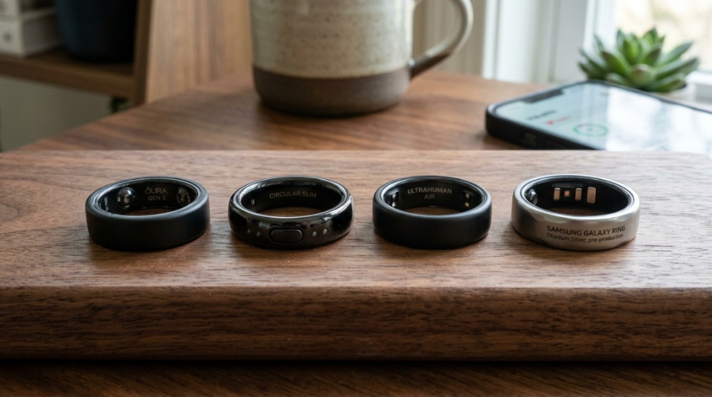 Three smart fitness rings resting on a wooden desk next to a smartphone.