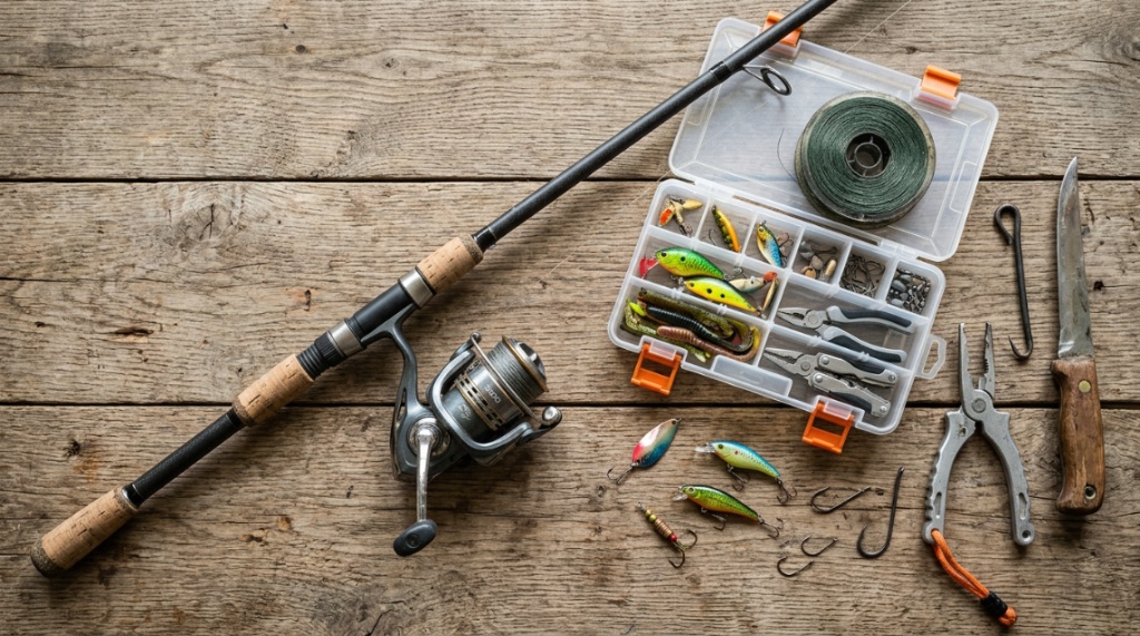 Flat lay of affordable rugged fishing gear on a weathered wooden table.