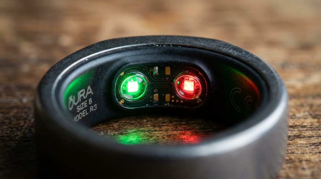 Close-up of glowing optical heart rate sensors inside a fitness ring.