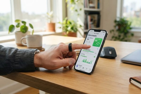 Man checking fitness tracker ring stats on smartphone.