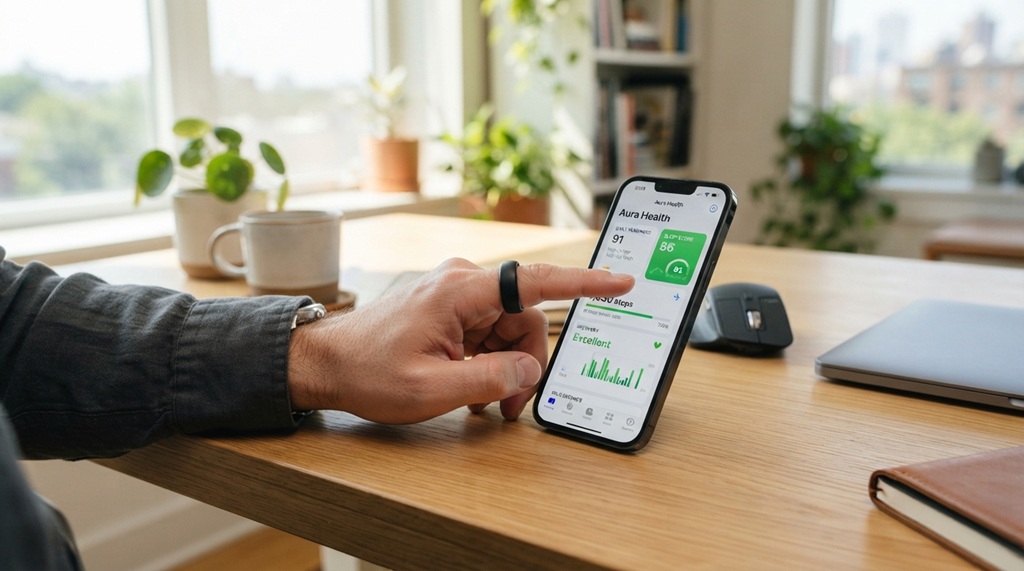 Man checking fitness tracker ring stats on smartphone.